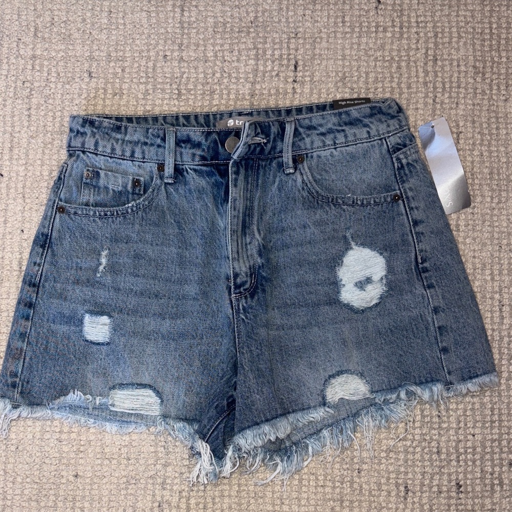 Tractr Distressed High-Rise Denim Shorts - Blue